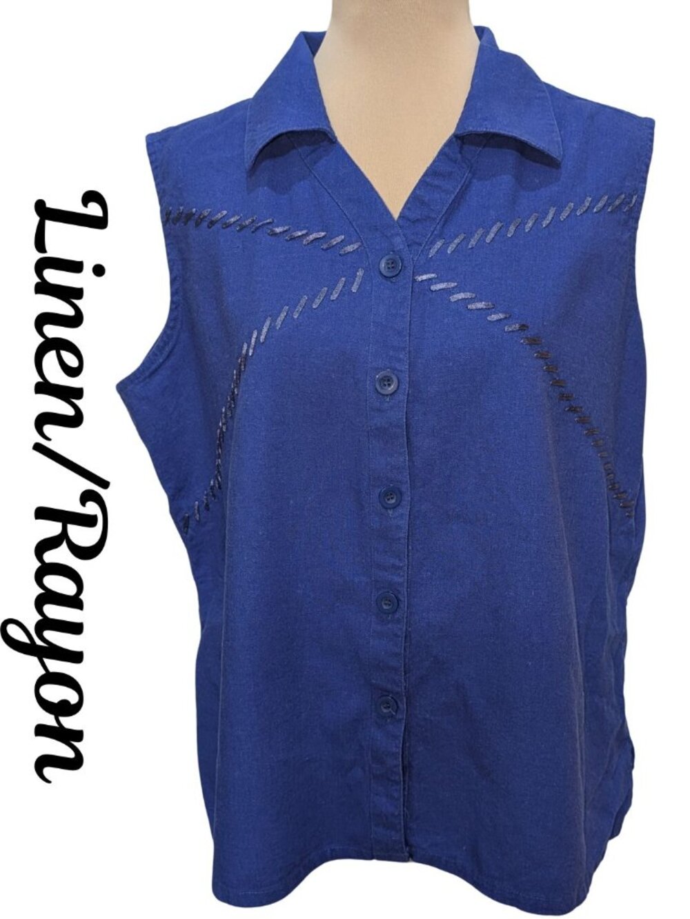 Selene Sport Royal Blue Linen Blend Sleeveless Button-Down Top